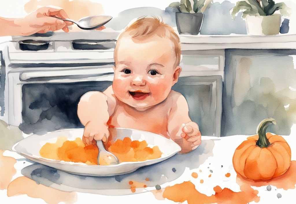 Modern watercolor illustration of a happy baby reaching for a spoonful of mashed butternut squash, with a highchair and cooked butternut squash in the background, showcasing how to cook butternut squash for a baby.