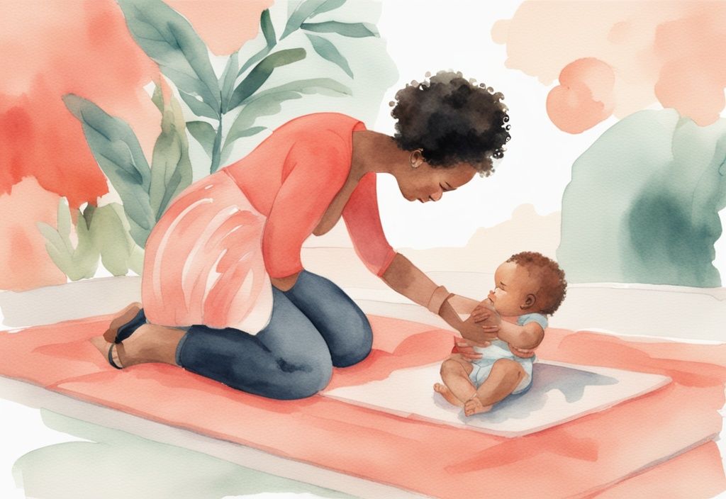 Modern watercolor illustration of adult hands supporting a baby standing on a colorful play mat, demonstrating how to help baby stand.