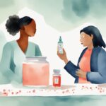 Modern watercolor illustration of a concerned mother discussing vaccines with a pediatrician, highlighting why not to give baby Tylenol after vaccines, featuring a "no" symbol over Tylenol in a coral color theme.