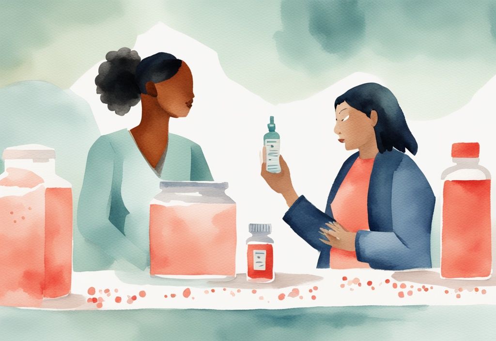 Modern watercolor illustration of a concerned mother discussing vaccines with a pediatrician, highlighting why not to give baby Tylenol after vaccines, featuring a "no" symbol over Tylenol in a coral color theme.