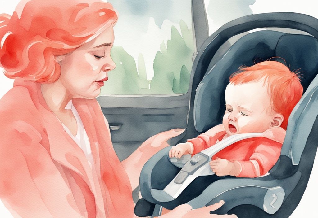 Watercolor illustration of a frustrated baby in a car seat with a parent soothing, coral color theme