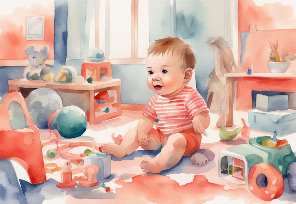 Modern watercolor illustration of a curious baby in a coral-themed activity center with colorful toys.