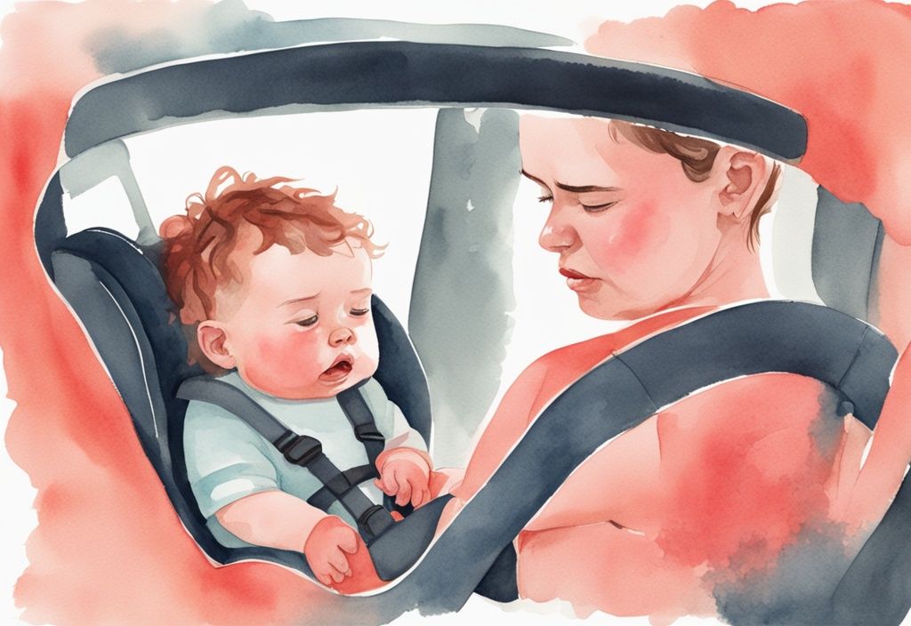 Modern watercolor illustration of a frustrated baby in a car seat with a parent soothing, coral color theme.