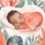 Modern watercolor illustration of a baby peacefully sleeping, holding a cuddly lovey; when can a baby sleep with a lovey is the main theme.