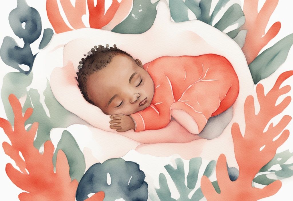 Modern watercolor illustration of a baby peacefully sleeping, holding a cuddly lovey; when can a baby sleep with a lovey is the main theme.