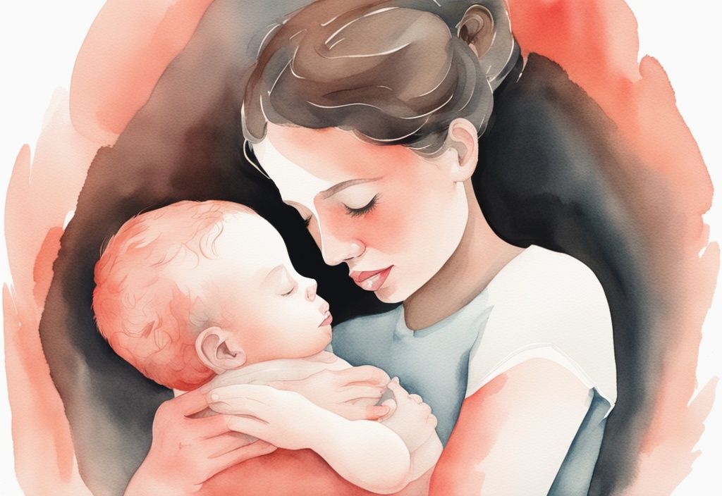 Modern watercolor illustration of adult hands cradling a newborn's head in coral theme, showcasing gentle care and proper handling.