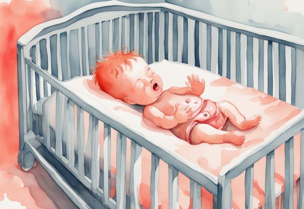 Modern watercolor illustration of a perturbed baby in a crib with a fallen pacifier, coral color theme.