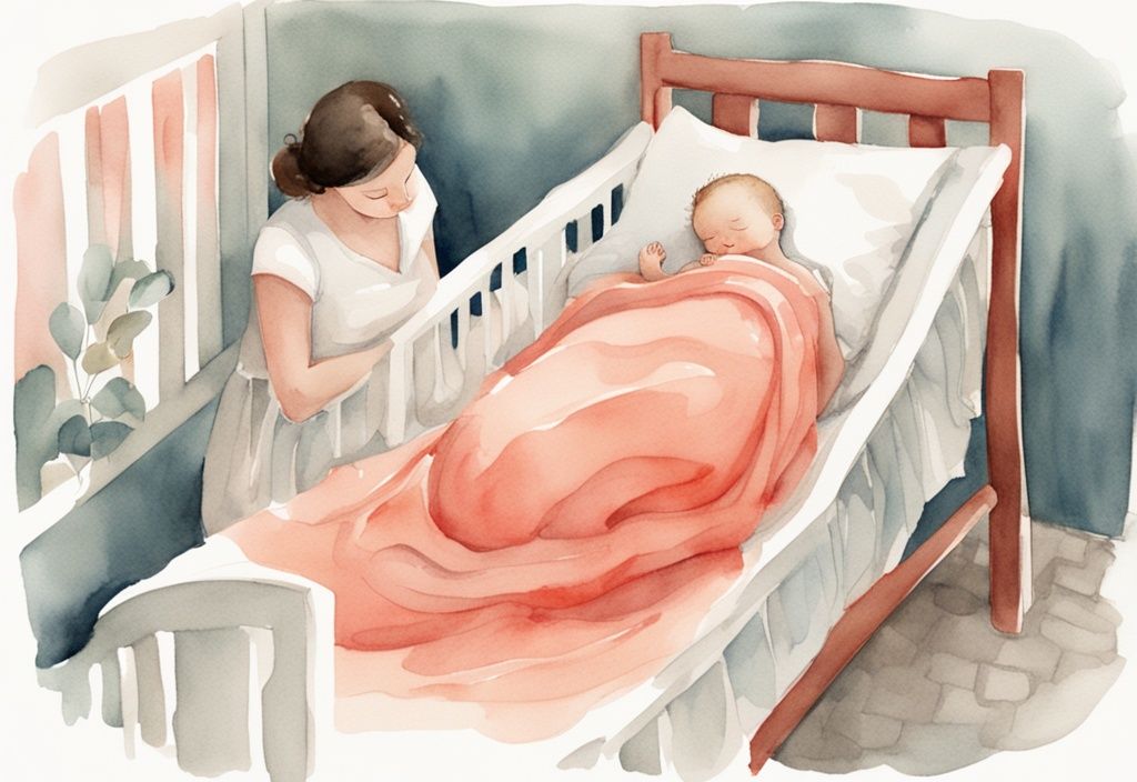 Modern watercolor illustration of a mother gently placing her sleeping baby into a crib, featuring a coral color theme.