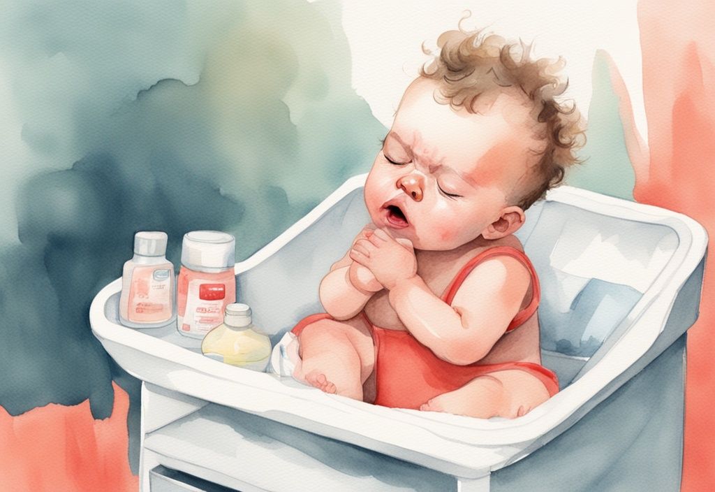 Watercolor illustration of a frustrated baby on changing table during diaper change, coral color theme