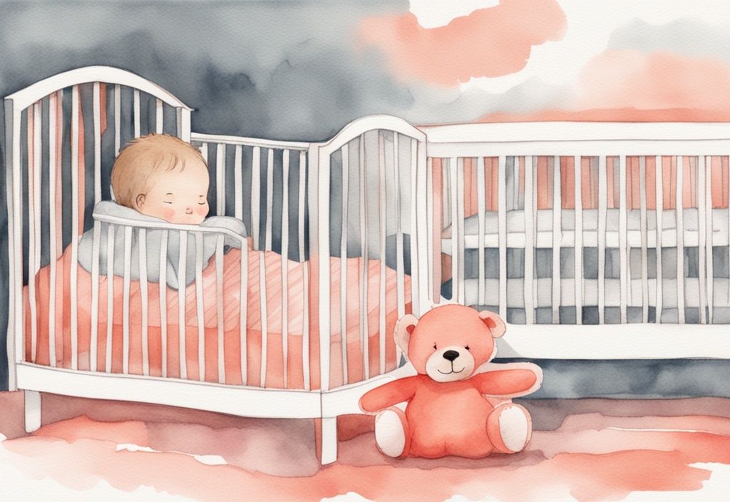 Modern watercolor illustration of a baby peacefully sleeping in a crib with a stuffed animal nearby, addressing the question of when can a baby sleep with a stuffed animal, featuring a coral color theme.