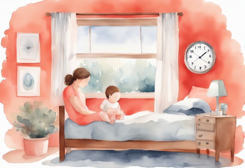 Modern watercolor illustration of a serene bedroom with a parent rocking a sleeping baby, featuring a stopwatch showing 40 seconds, demonstrating how to put a baby to sleep in 40 seconds.