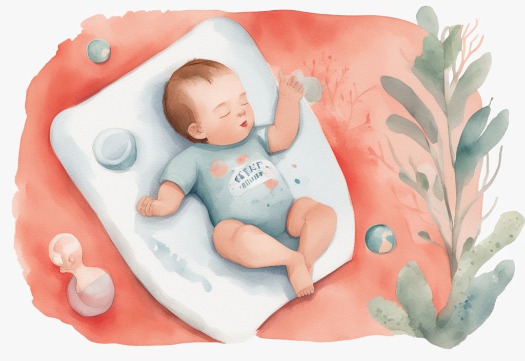 Modern watercolor illustration of a baby sleeping safely on its back using a sleep positioner, featuring informational graphics on safe infant sleeping positions; learn how to stop baby sleeping face down.