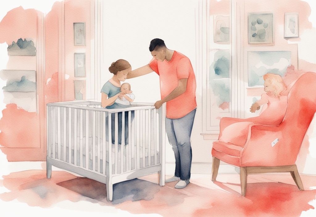 Modern watercolor illustration of parents adjusting a white baby crib, observed by a curious toddler, with a coral color theme.