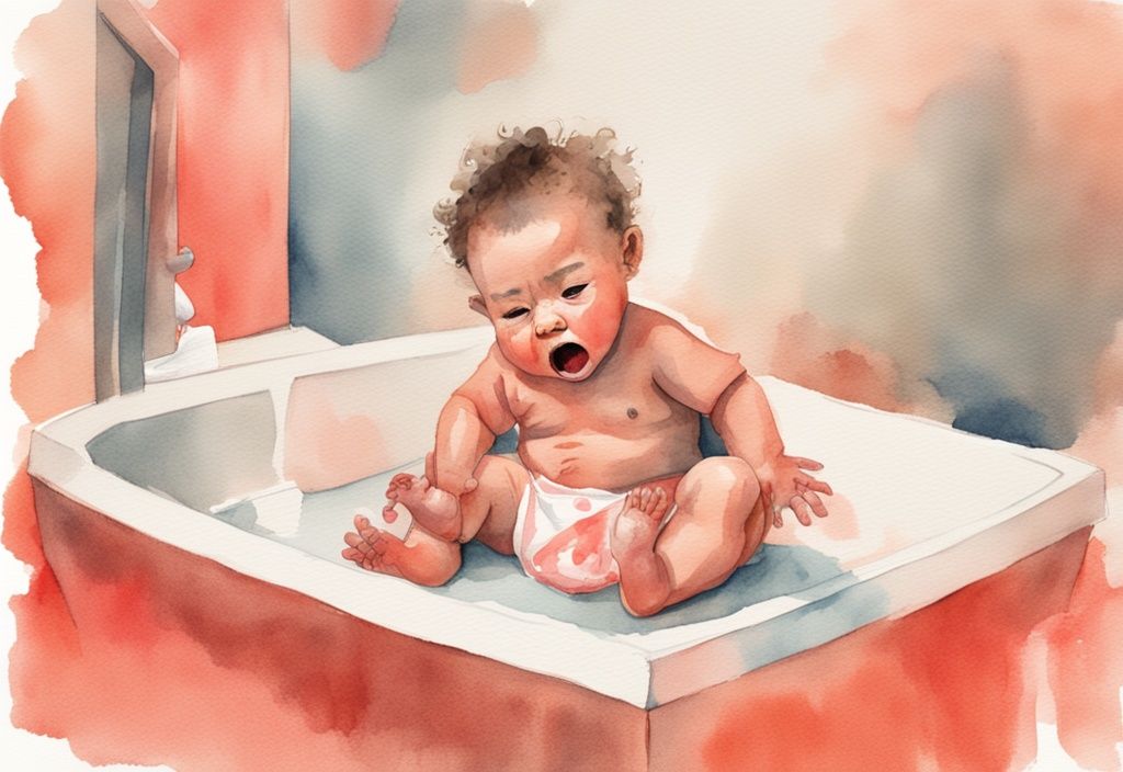 Watercolor illustration of an agitated baby during a diaper change, depicting discomfort and expressions of dislike, highlighting the theme "why does my baby hate diaper changes" with coral colors.