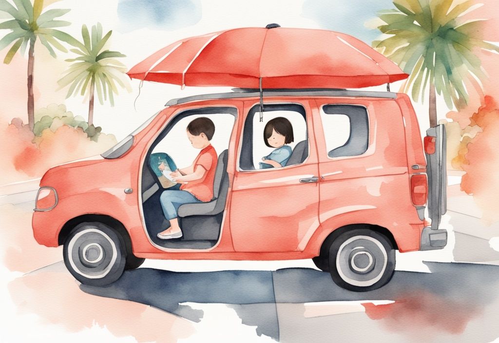 Modern watercolor illustration of a baby in a car seat with a portable fan, sun shade, and cool water, demonstrating how to keep baby cool in car seat.