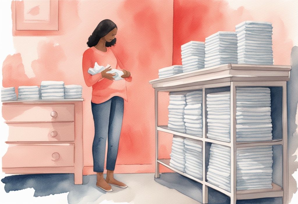 Modern watercolor illustration of a new mother by a changing table with stacks of baby wipes packs in coral theme.