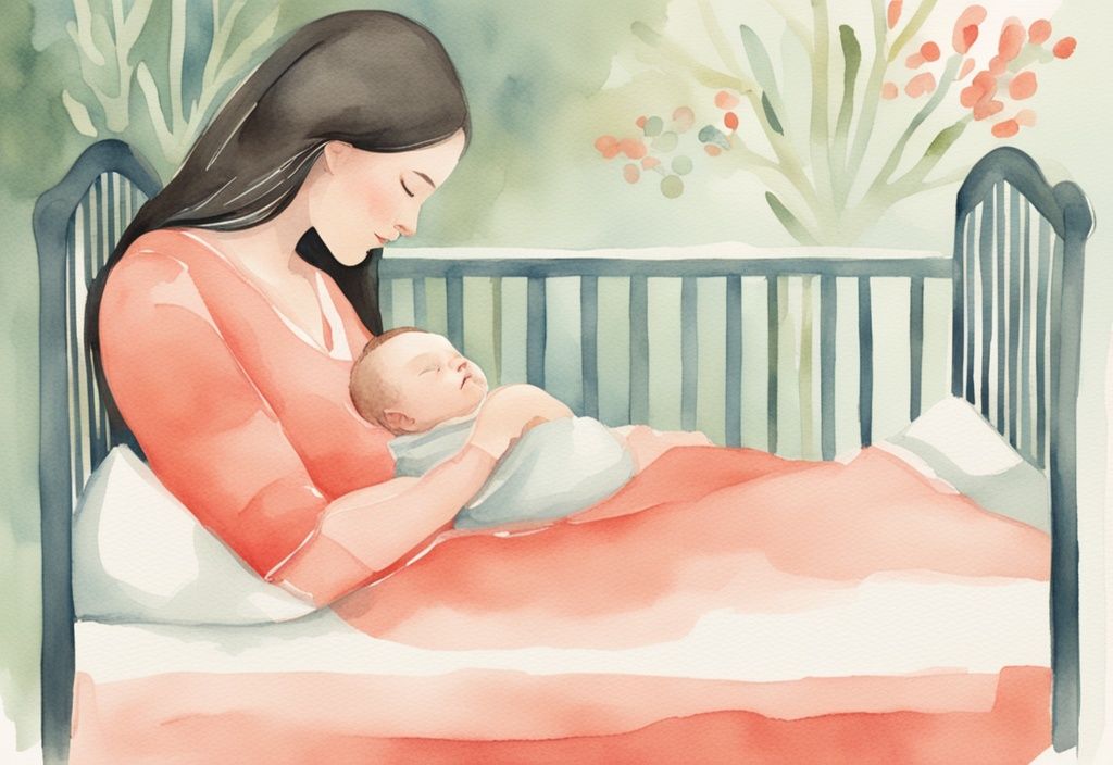 Modern watercolor illustration of a mother placing her sleeping baby into a crib, featuring a coral color theme.