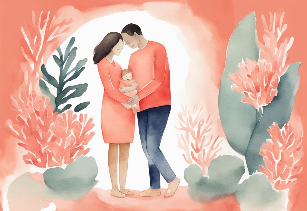 Modern watercolor illustration of a parent supporting a happy baby in a standing position, coral color theme.