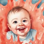 Modern watercolor illustration of a smiling baby with emerging teeth and noticeable gaps, illustrating how to tell if baby will have gap teeth, in a coral color theme.