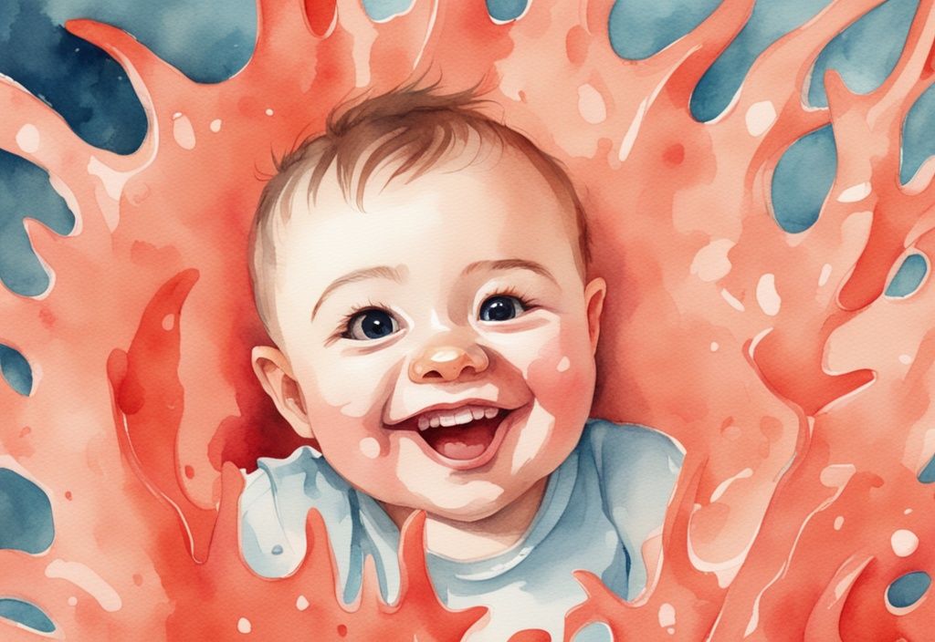 Modern watercolor illustration of a smiling baby with emerging teeth and noticeable gaps, illustrating how to tell if baby will have gap teeth, in a coral color theme.