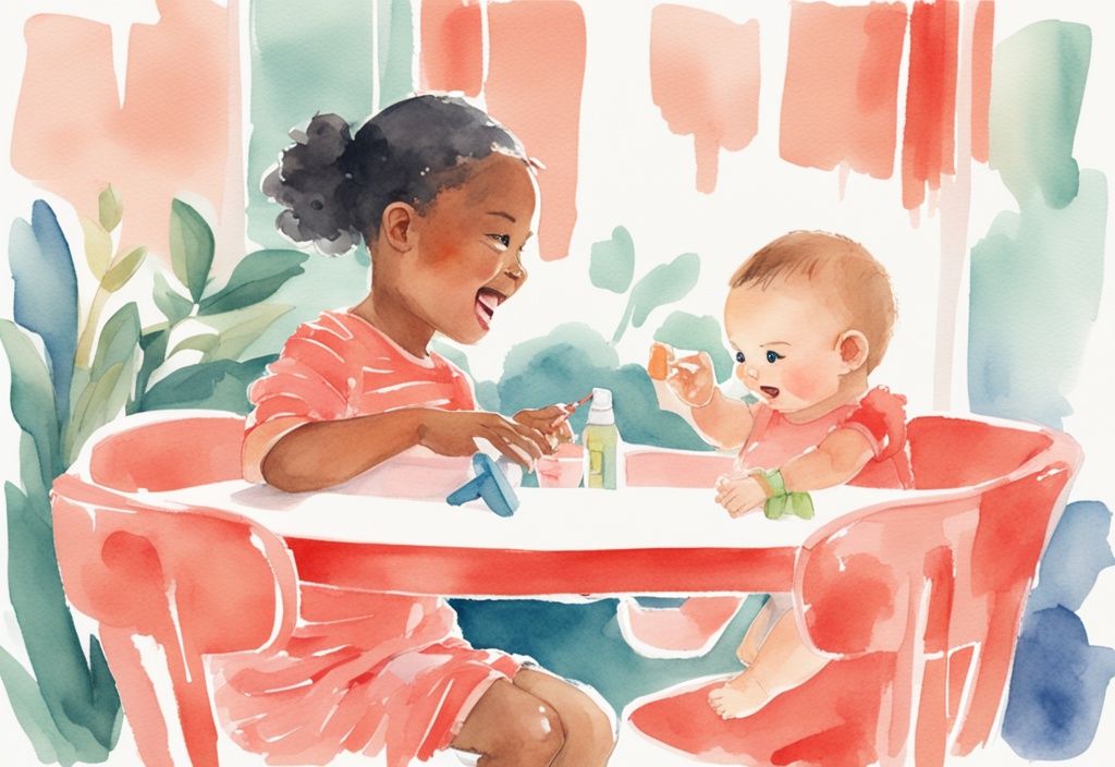 Coral-themed watercolor illustration of a happy baby in a high chair holding a toy, supervised by an adult.