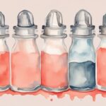 Modern coral-themed watercolor illustration showing baby bottles in different wear stages, highlighting how often to replace baby bottles.