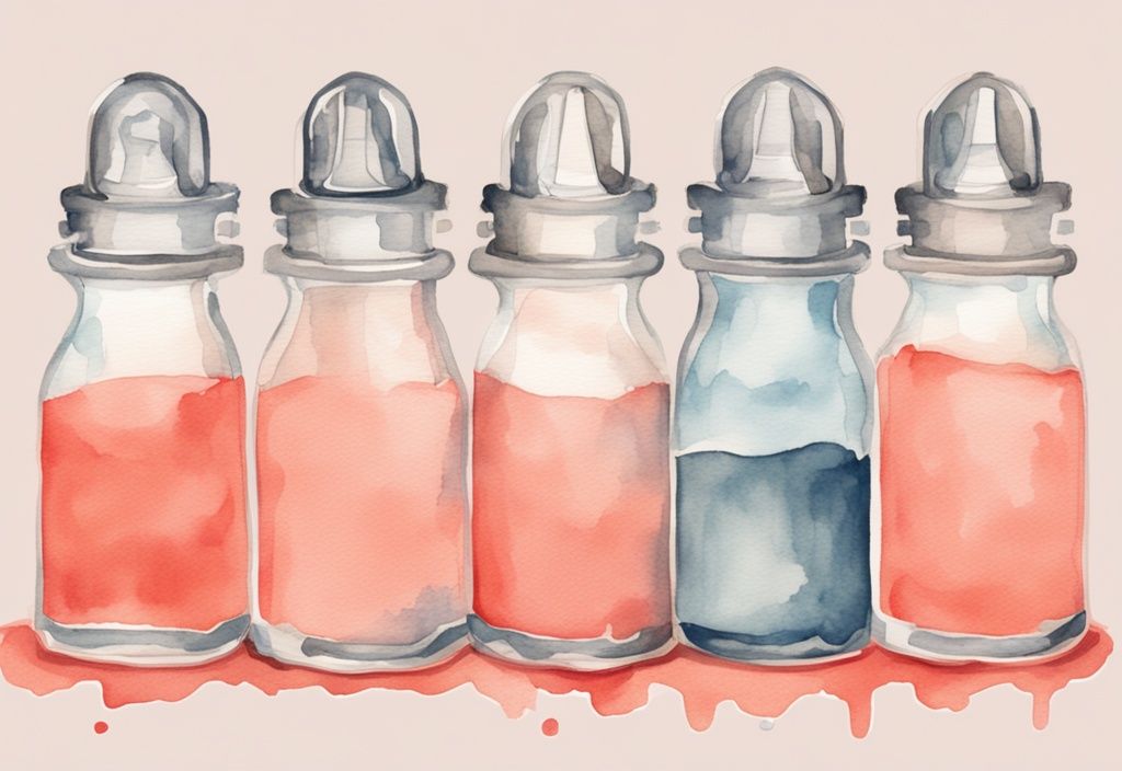 Modern coral-themed watercolor illustration showing baby bottles in different wear stages, highlighting how often to replace baby bottles.