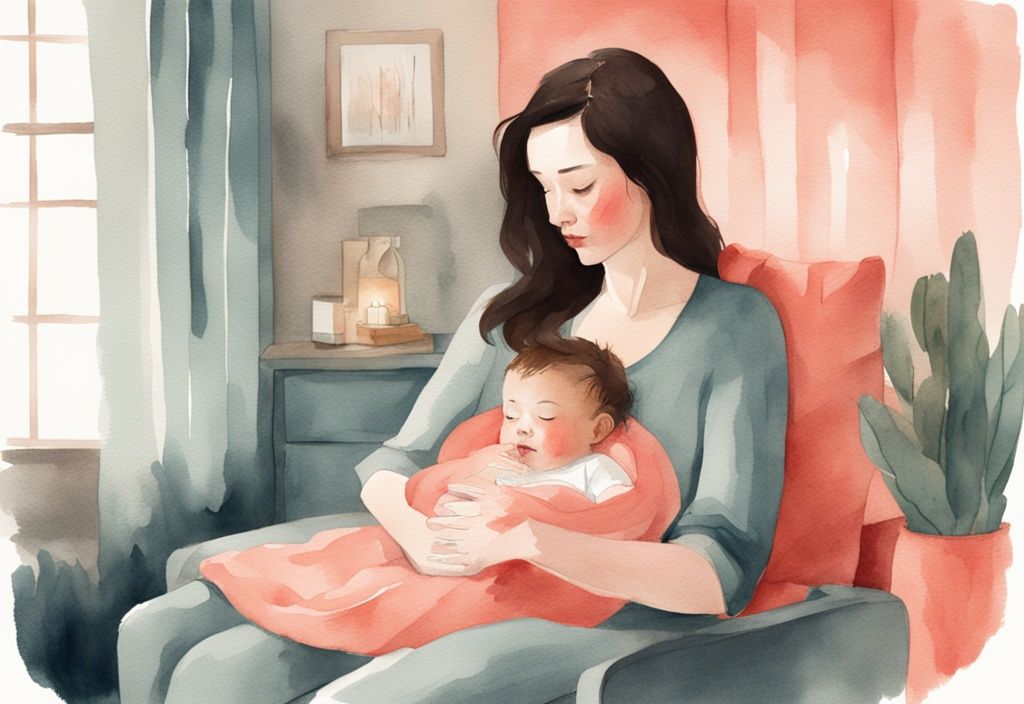 Modern watercolor illustration of a mother soothing her overtired baby in a dimly-lit room with coral tones.