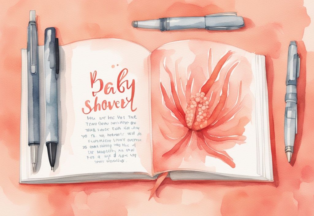 Modern watercolor illustration of an open baby book with a pen, featuring a personal message for a baby shower, highlighting what to write in a baby book for a shower.