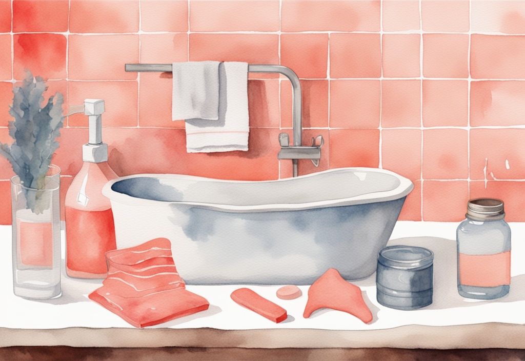 Modern watercolor illustration showing how to clean a baby bathtub with items like a sponge, mild soap, clean cloth, and empty baby bathtub in coral theme.