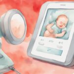 Modern watercolor illustration highlighting coral tones; close-up of a baby monitor with activated VOX feature, showing a parent holding their sleeping baby; keyword: what is vox on baby monitor.