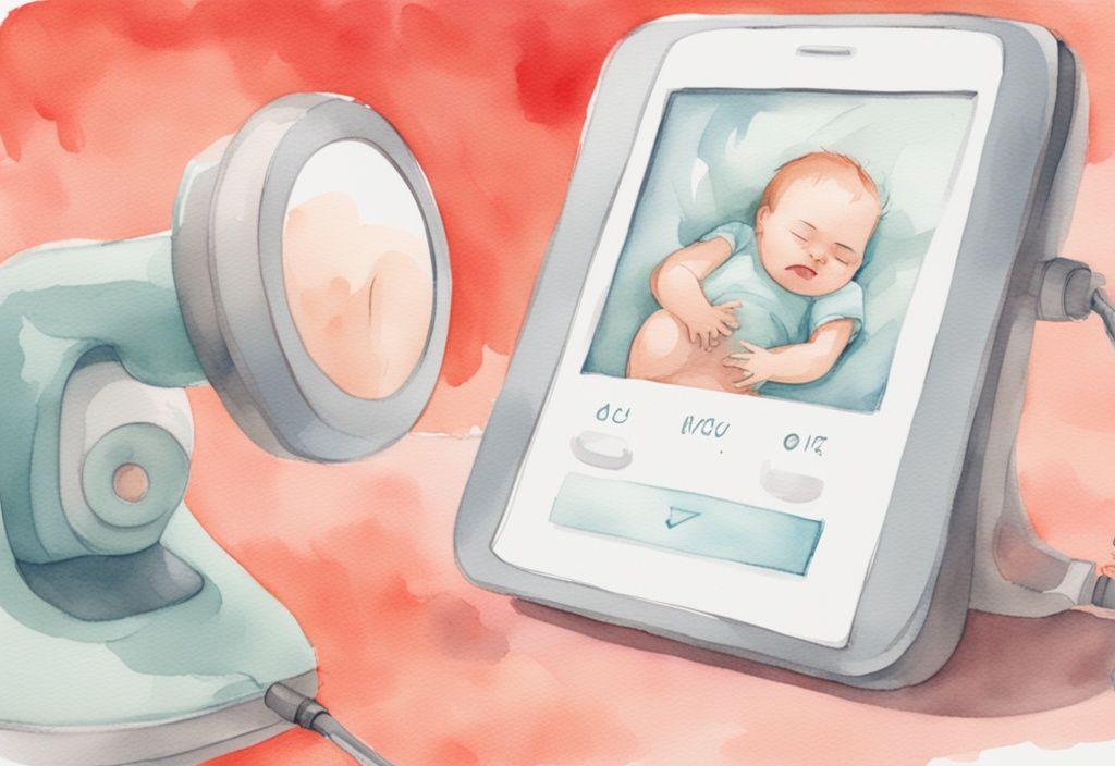 Modern watercolor illustration highlighting coral tones; close-up of a baby monitor with activated VOX feature, showing a parent holding their sleeping baby; keyword: what is vox on baby monitor.