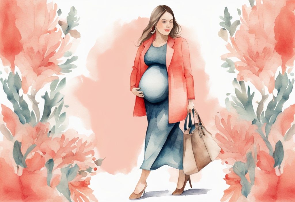 Modern watercolor illustration of a pregnant woman in coral-themed flowy clothing with accessories like a large handbag and statement scarf.