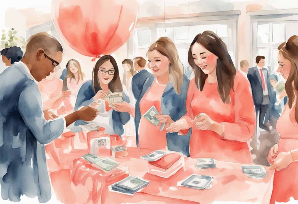 Modern watercolor illustration of a baby shower scene with attendees in coral theme, each pulling out wallets or purses, highlighting the question of payment.