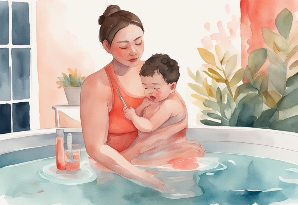 Modern watercolor illustration of a concerned mother holding a safe thermometer as the father gently places their baby into a hot tub; addressing the question, "what temperature can a baby go in a hot tub," with a coral color theme.