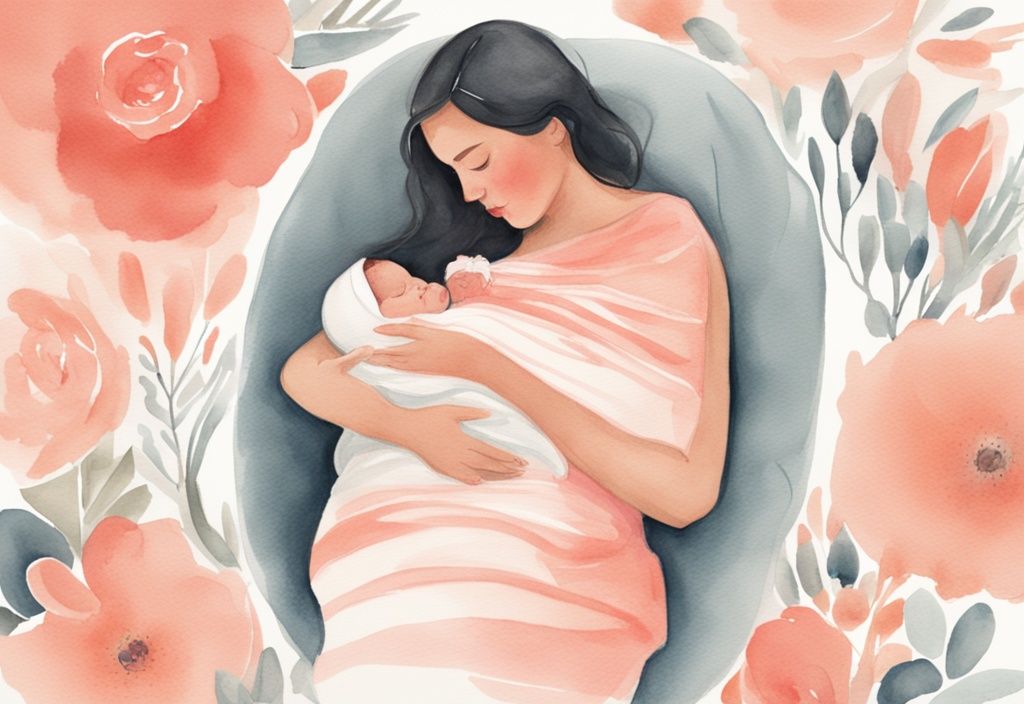 Modern watercolor illustration of a mother swaddling her newborn baby in a pastel-colored blanket with coral theme.