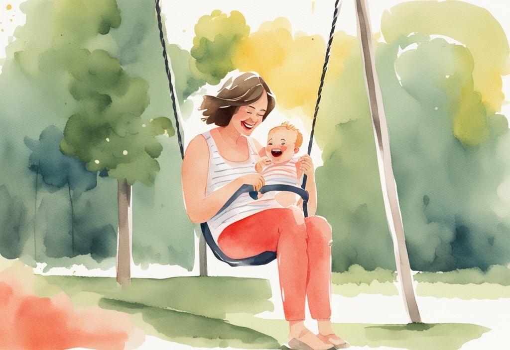 Modern watercolor illustration of a mother placing her laughing baby into a swing at a sunny park, depicting happiness and reassurance, related to the keyword when can I put my baby in a swing at the park.