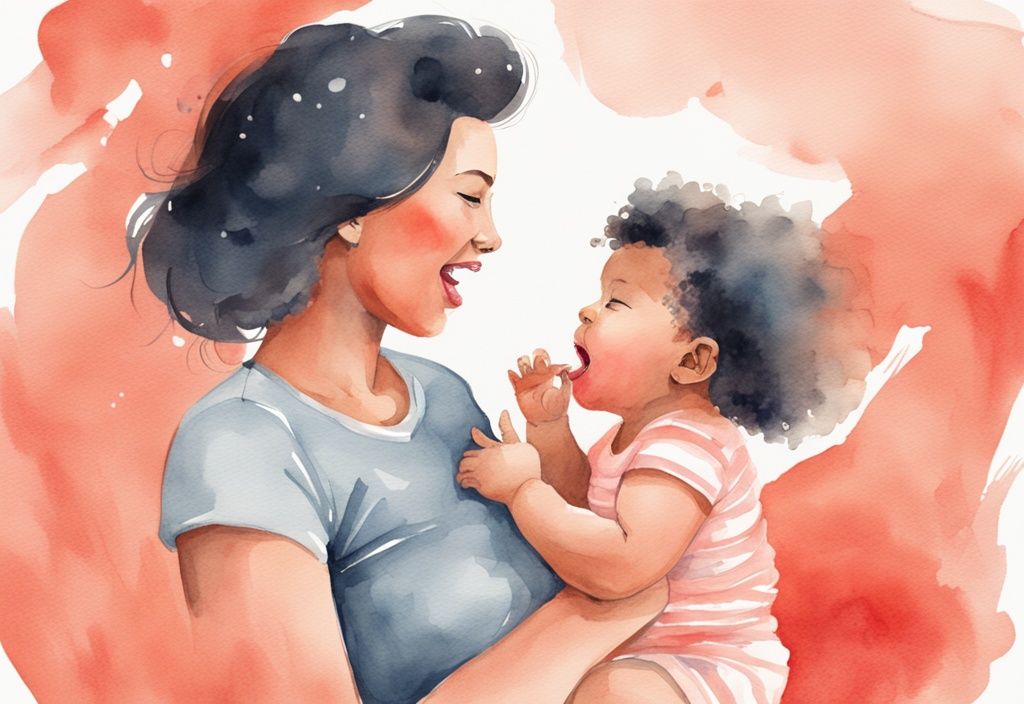 Modern watercolor illustration of a young mother playfully interacting with her baby in coral tones, both with open mouths as if speaking.