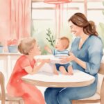 Modern watercolor illustration of a smiling mother encouraging her baby in a high chair to say 'mama' for the first time, featuring the keyword how to get baby to say mama with a coral color theme.