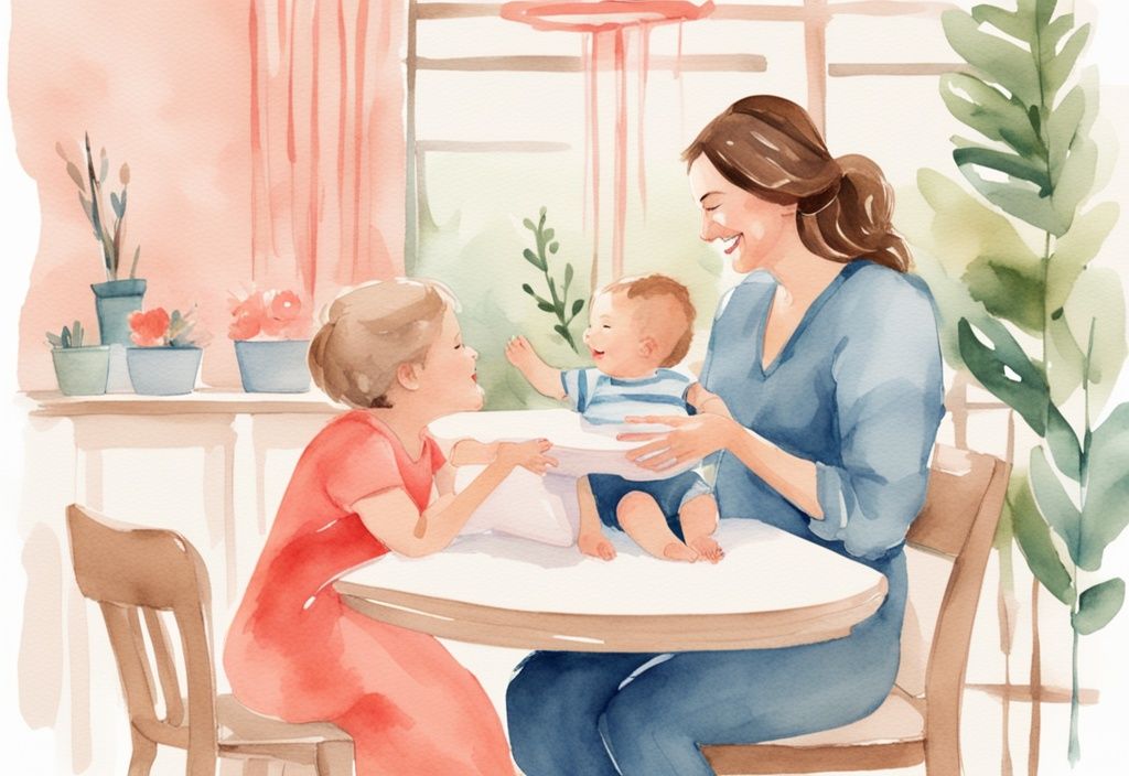 Modern watercolor illustration of a smiling mother encouraging her baby in a high chair to say 'mama' for the first time, featuring the keyword how to get baby to say mama with a coral color theme.