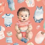 Modern watercolor illustration of a baby surrounded by colorful bibs stacked for each day of the week, answering the question "how many bibs does a baby need" with a coral-themed design.