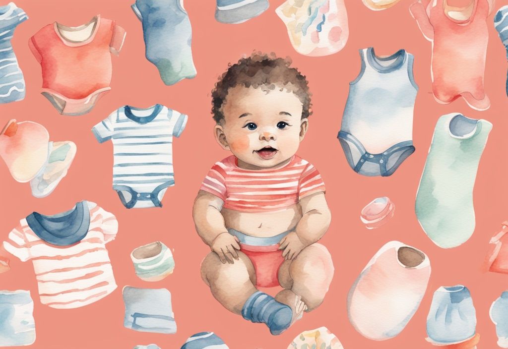 Modern watercolor illustration of a baby surrounded by colorful bibs stacked for each day of the week, answering the question "how many bibs does a baby need" with a coral-themed design.