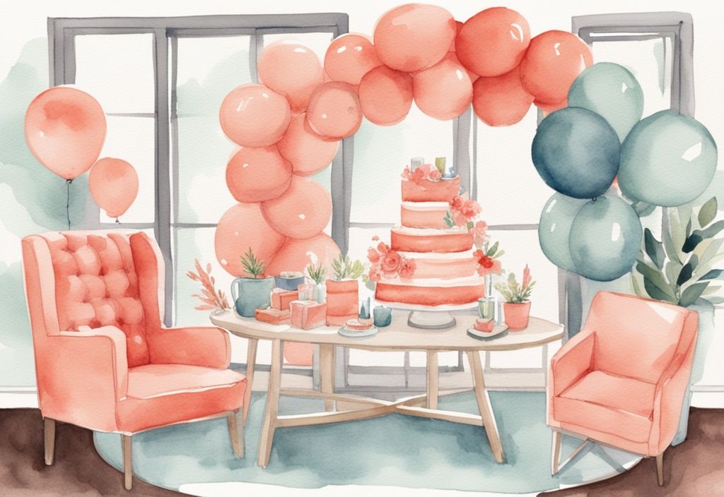 Modern watercolor illustration of a cozy baby shower in a living room with coral-themed balloon arch, cake on stand, and table of gifts.