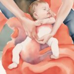 Modern watercolor illustration of an adult's hands supporting a baby standing on a colorful play mat, demonstrating how to help baby stand.