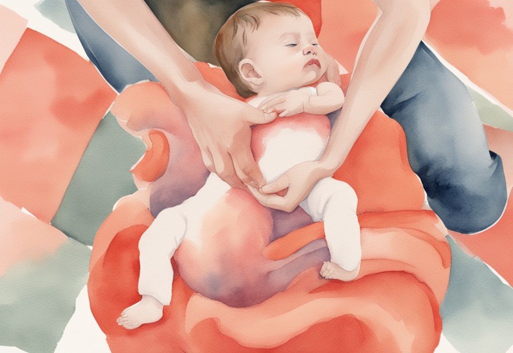 Modern watercolor illustration of an adult's hands supporting a baby standing on a colorful play mat, demonstrating how to help baby stand.