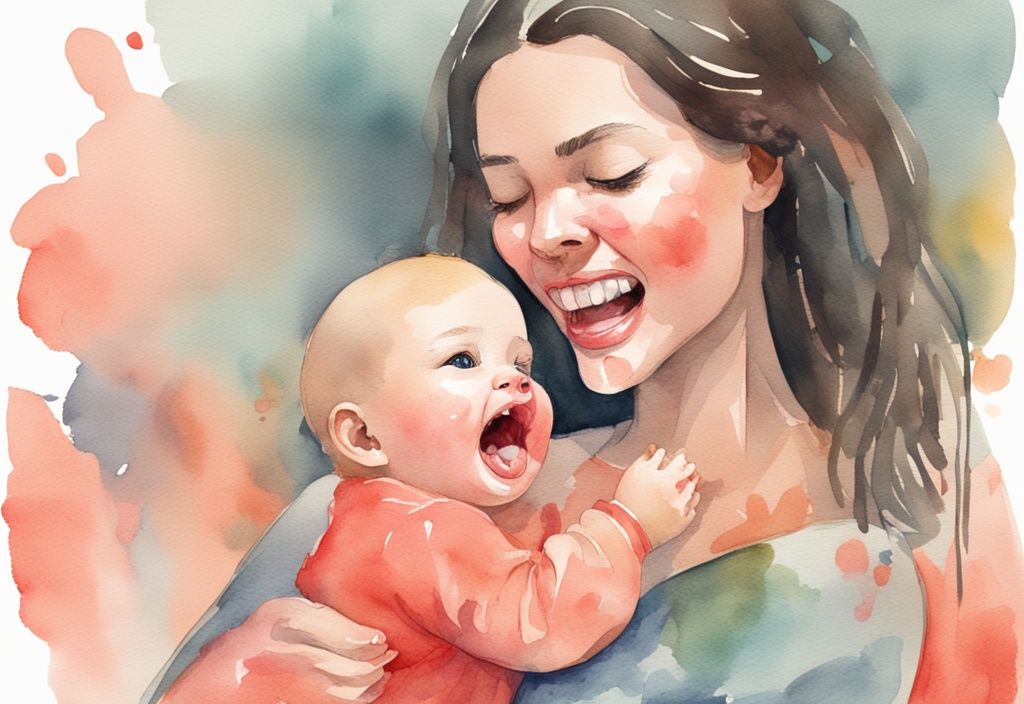 Modern watercolor illustration of an exasperated mother offering a colorful pacifier to her baby, with coral as the main color theme and visible teeth marks on her shoulder.