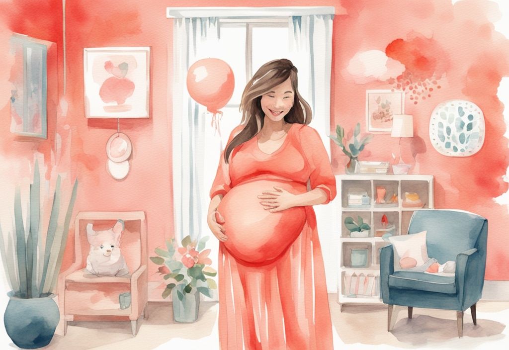 Modern watercolor illustration of a pregnant woman in a stylish outfit, showcasing what to wear to a baby shower, surrounded by baby shower decorations in a coral-themed room.