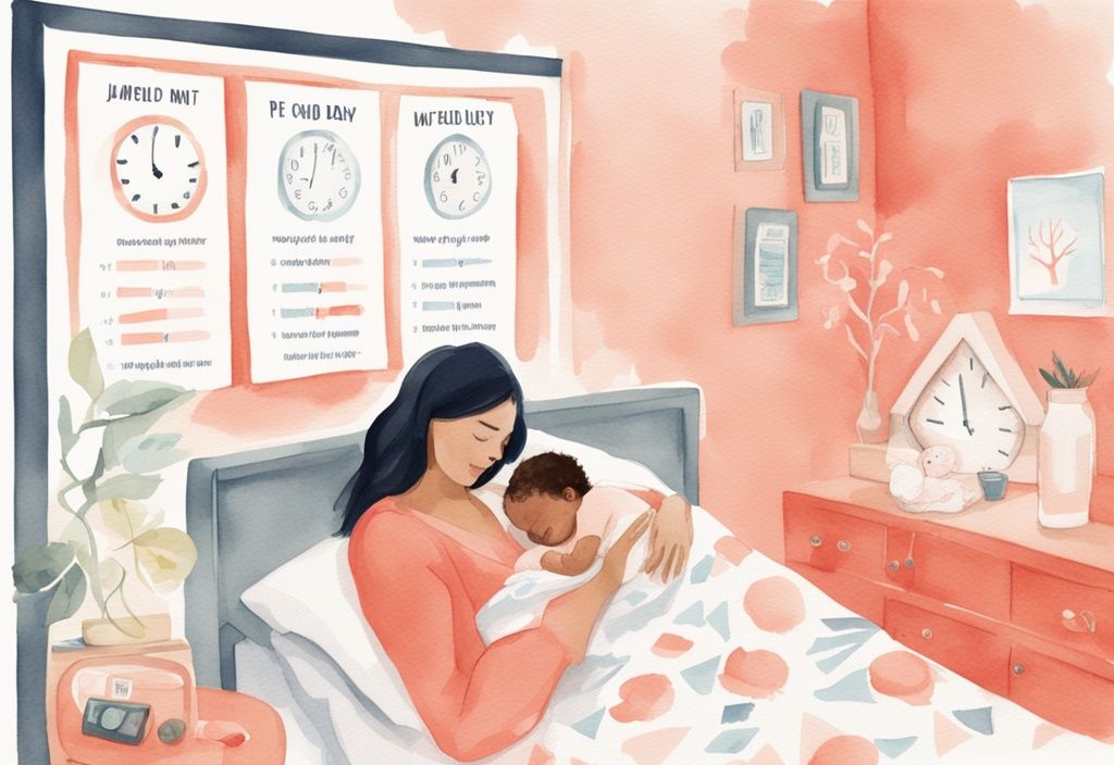 Modern watercolor illustration of a parent swaddling a newborn in a coral-themed room with a clock and infographic on swaddling duration.