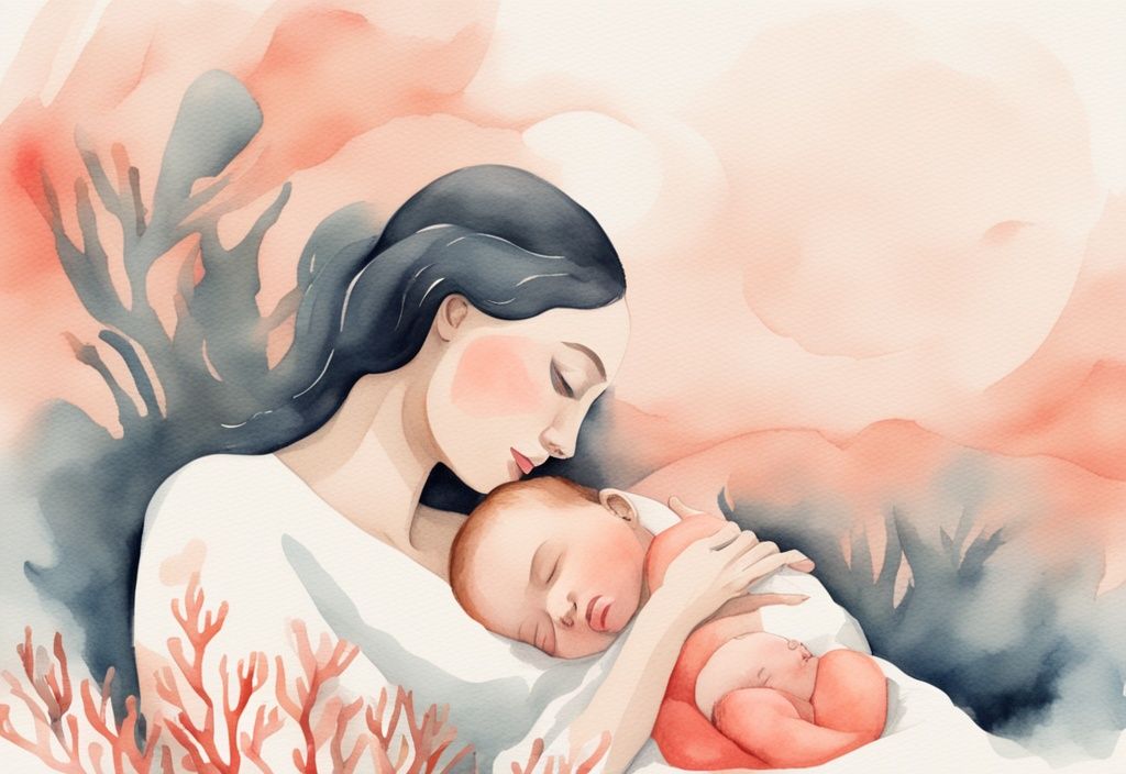 Modern watercolor illustration of a mother gently waking her newborn baby for feeding, with a coral color theme.