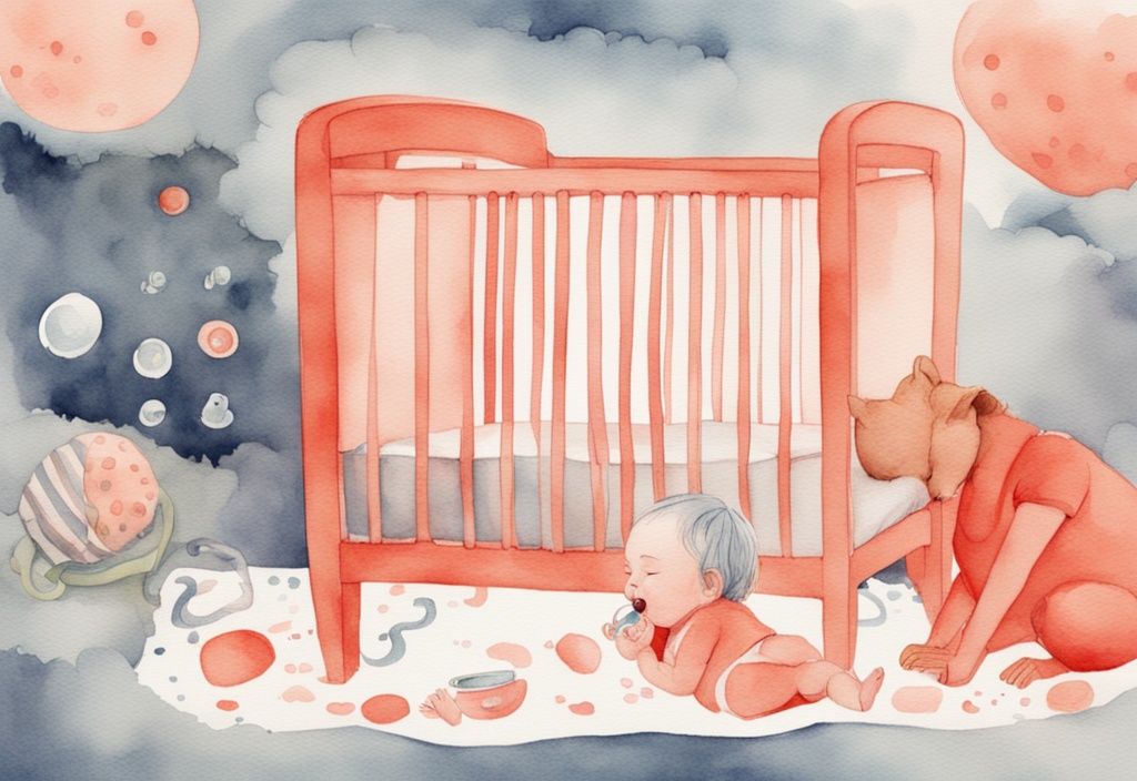 Modern watercolor illustration of a perturbed baby in a crib with a fallen pacifier, coral color theme.